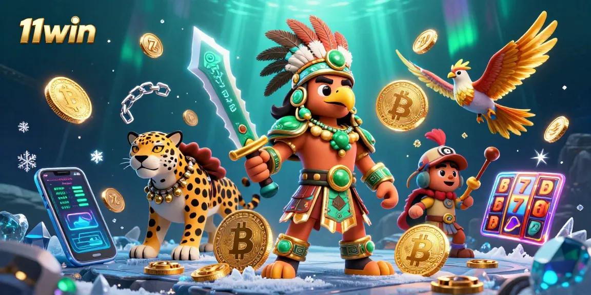 Win big with 11win in this vibrant 3D casino scene featuring Aztec warriors and crypto elements.