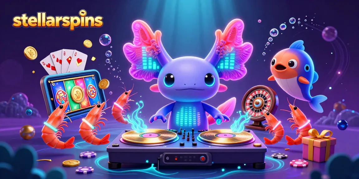 Experience stellarspins with a vibrant underwater casino party featuring a DJ axolotl and glowing creatures.