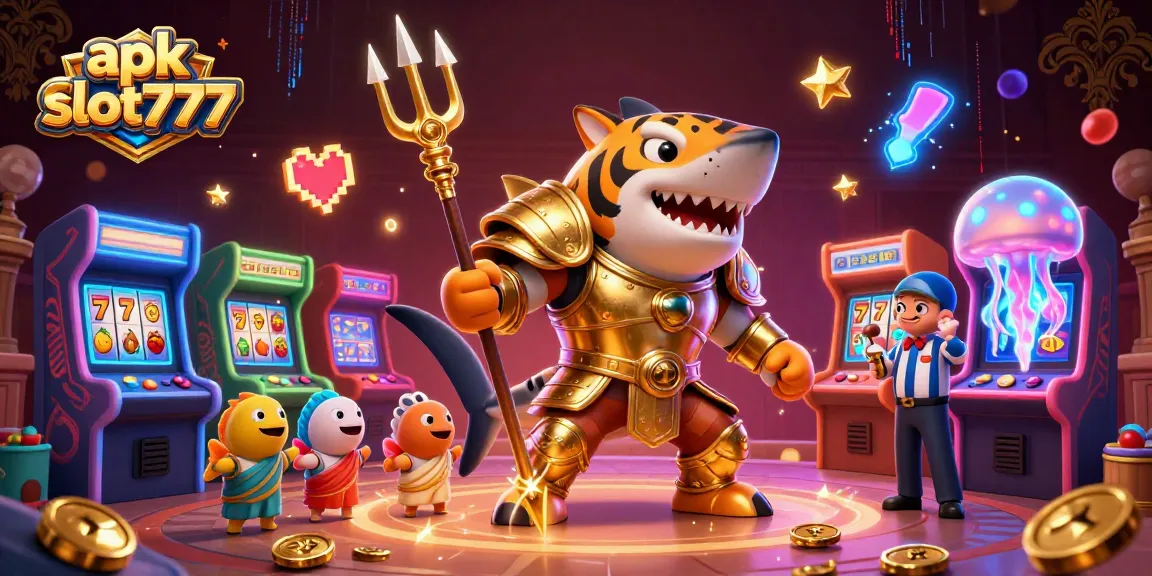Engage with apk slot777 in a dynamic underwater arcade featuring a tiger shark and vibrant gaming elements.