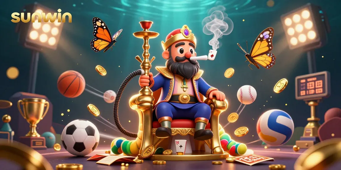 sunwin casino scene featuring a hookah-master caterpillar and dynamic sports elements.