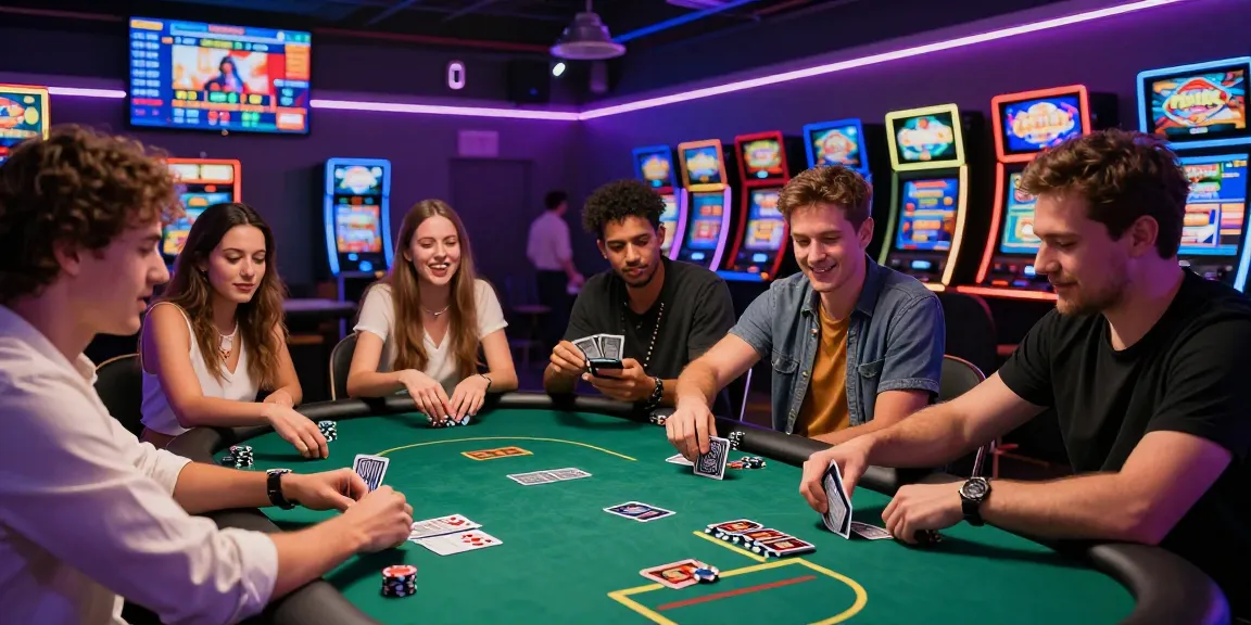 Gathering of friends enjoying australian online casinos with poker, chips, and vibrant casino ambiance.