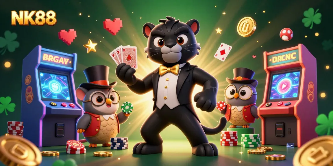 Engage in thrilling gameplay at NK88 featuring a stylish panther dealer amidst casino excitement.