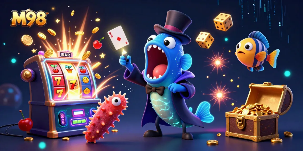 M98 invites players to enjoy a thrilling game scene featuring a magical deep-sea performance with slot machines.
