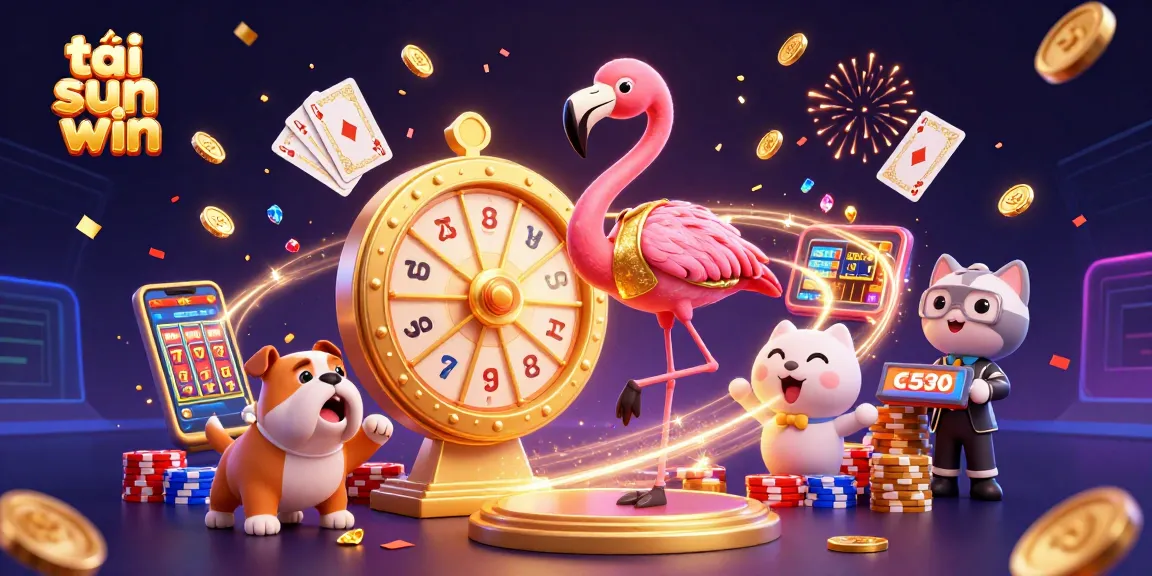 Engage with the thrilling excitement of tải sun win as a flamingo host spins the golden prize wheel amidst colorful gaming elements.