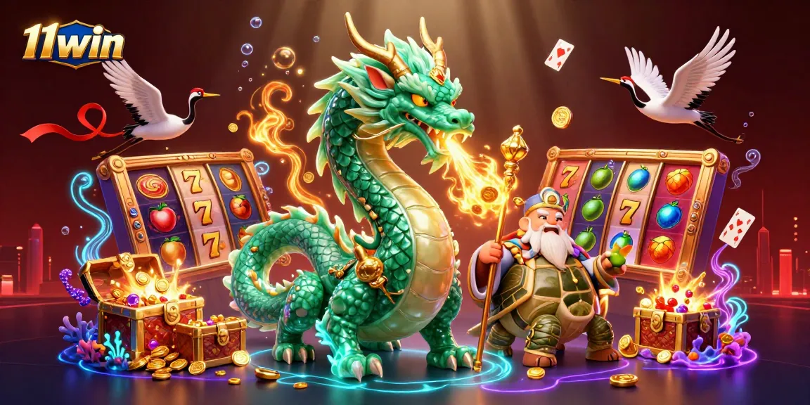 Experience the excitement of 11win with a dynamic scene featuring a jade dragon, turtle sage, and slot reels.