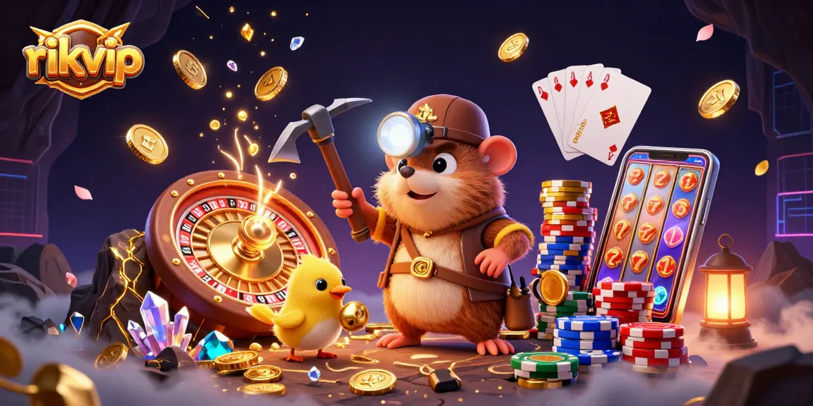 Experience exciting gaming at rikvip with a treasure hunter mole surrounded by golden coins and gems.