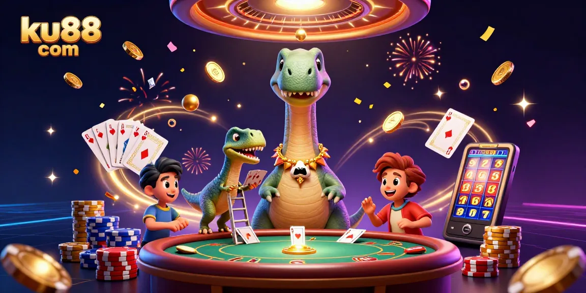 Engage with ku88 com: A vibrant casino scene featuring a dinosaur, raptor dealer, and dynamic gaming elements.
