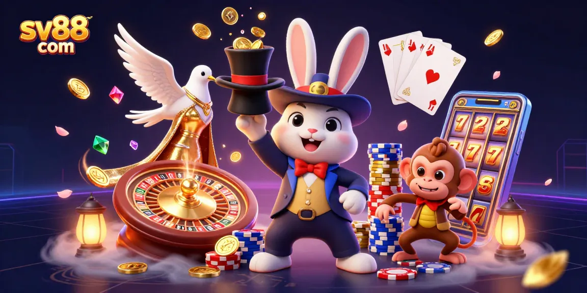 Experience thrilling wins at sv88 com with a 3D cartoon illustration of a magical casino scene.
