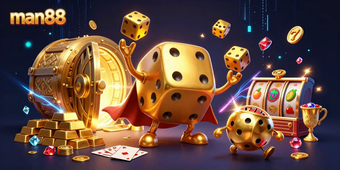 man88 showcases an exciting casino scene with golden dice and slot elements, celebrating gambling thrills