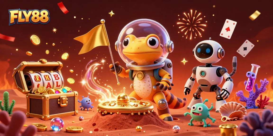 FLY88 players explore a golden casino on Mars, winning treasures amidst vibrant celebrations.